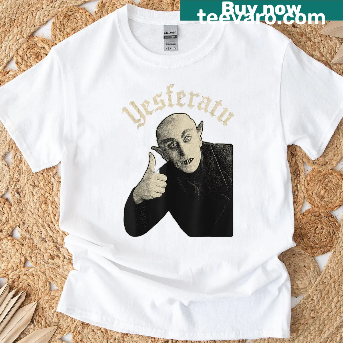 Humorous vampire-themed Halloween t-shirt with pun — on a men's t-shirt