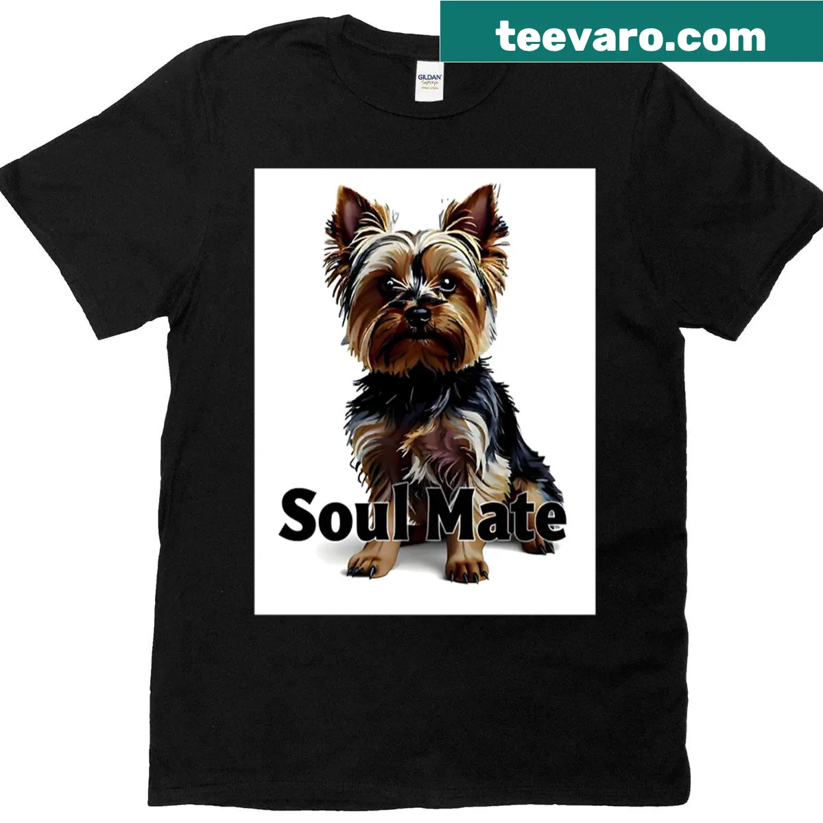 Illustration of a Yorky with the words 'Soul Mate' — on a men's t-shirt