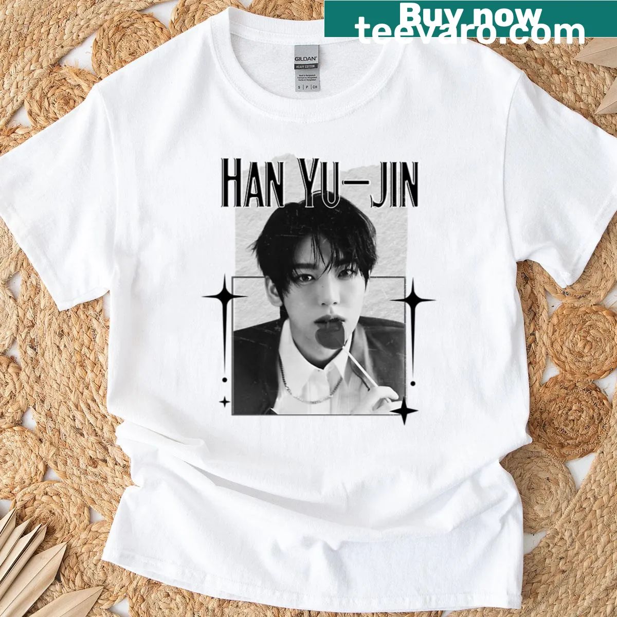 Zerobaseone Kpop T-shirt with vintage collage design — on a men's t-shirt