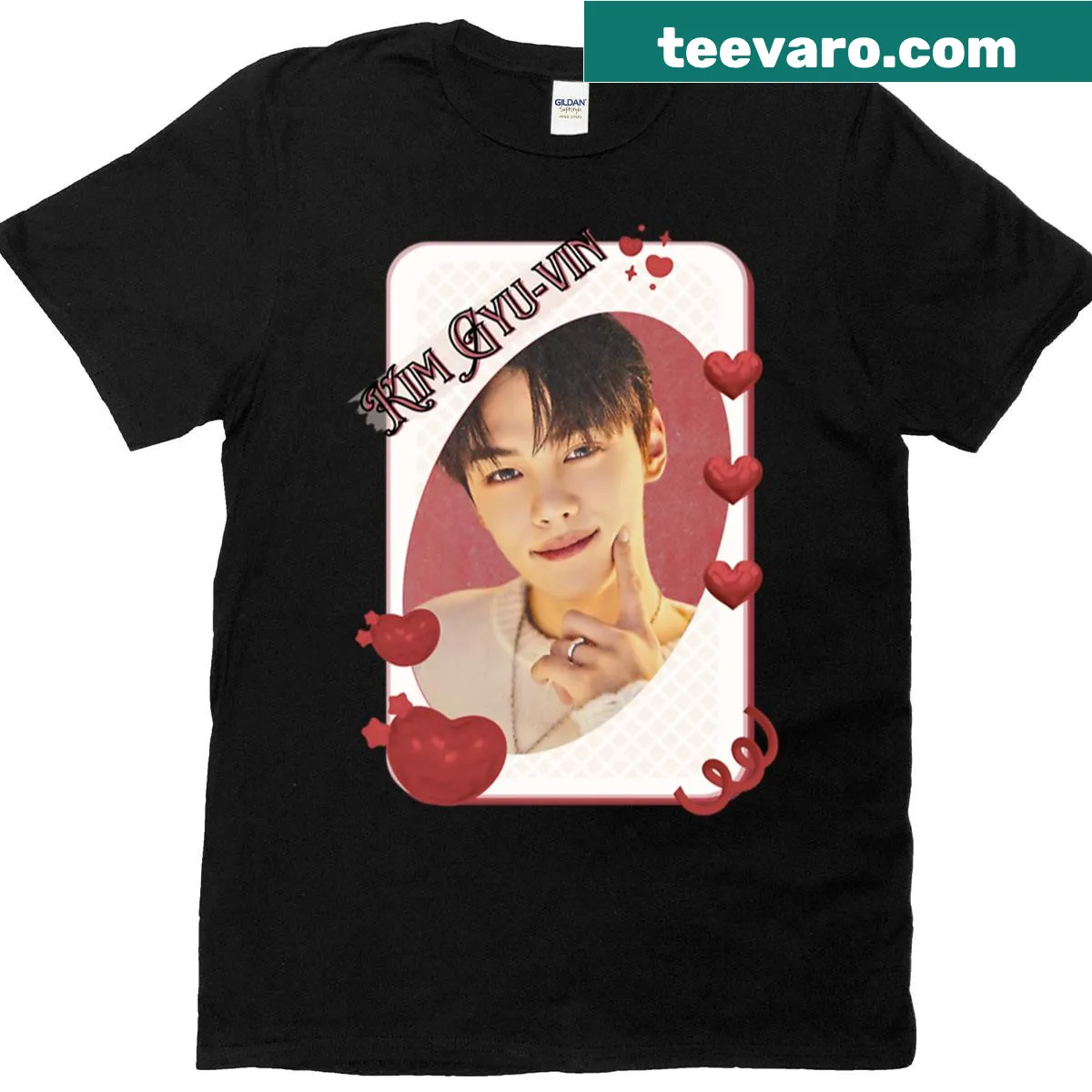 K-Pop T-shirt with Kim Gyu Vin collage in red aesthetic — on a men's t-shirt