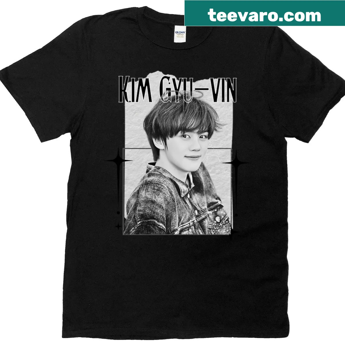 Scrapbook collage design featuring Kim Gyu Vin on a T-shirt — on a men's t-shirt