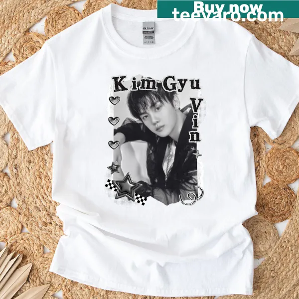 Black and white collage portrait of Kim Gyu Vin on t-shirt
