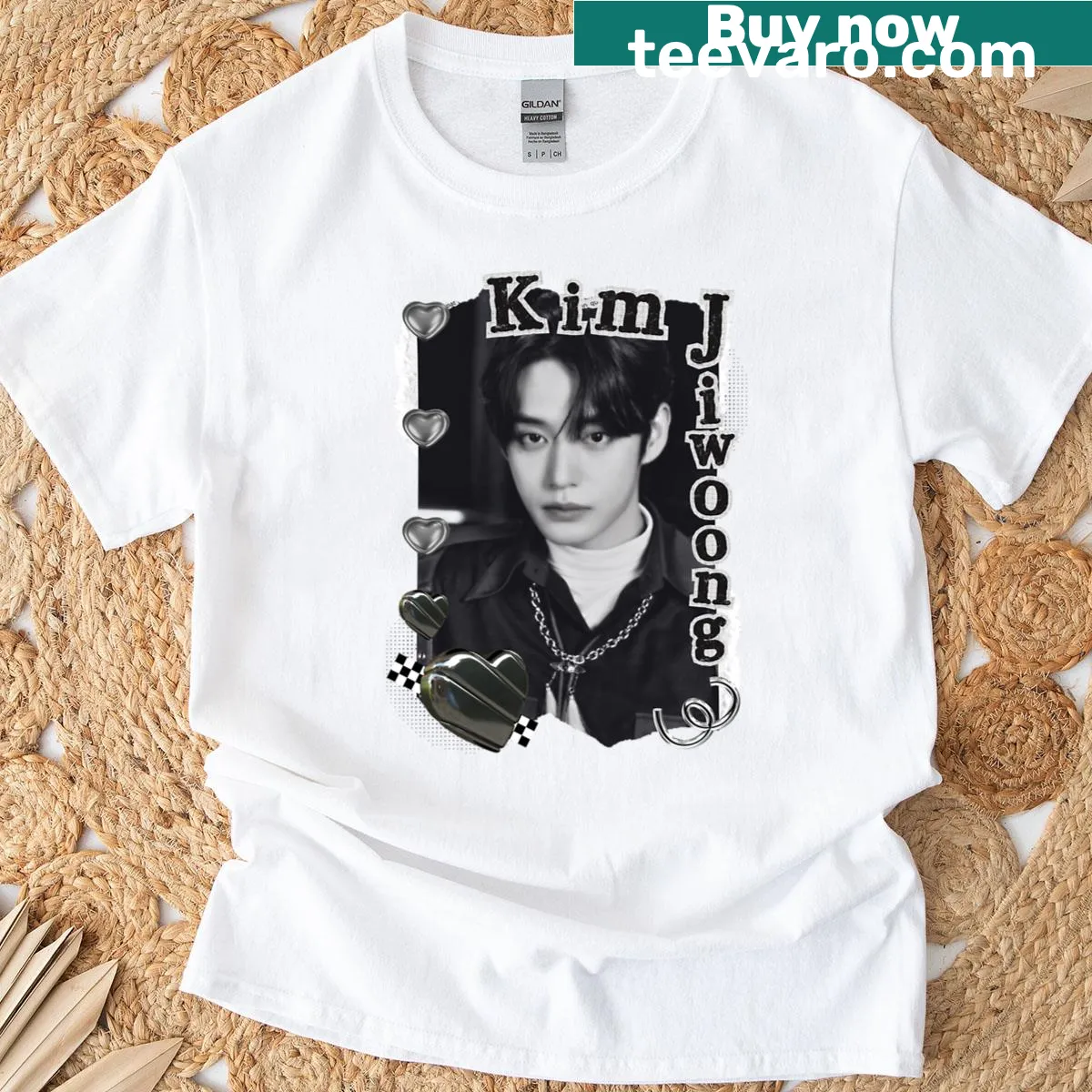 Minimalist t-shirt featuring Kim Ji Woong's black and white portrait. — on a men's t-shirt