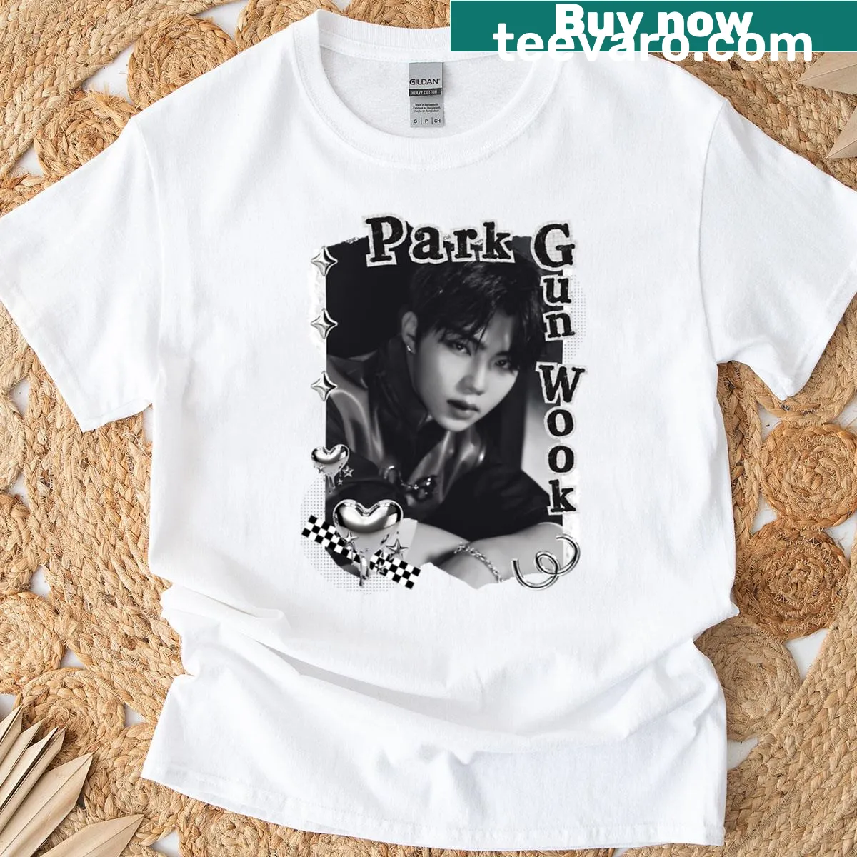 Black and white portrait t-shirt of Park Gun Wook from Zerobaseone — on a men's t-shirt
