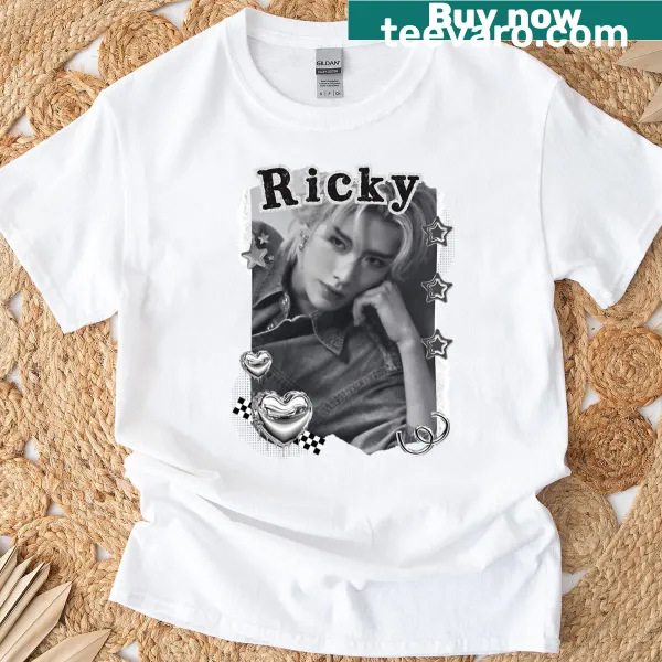 Black and white portrait collage of Zerobaseone's Ricky on T-shirt