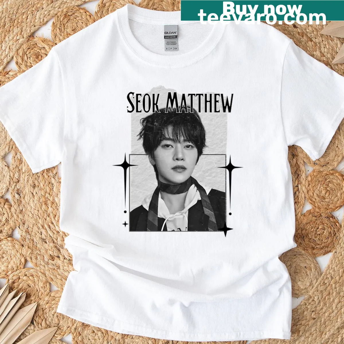 Cozy scrapbook collage t-shirt featuring Seok Matthew. — on a men's t-shirt