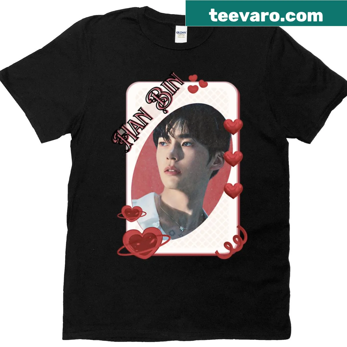 K-Pop T-shirt with collage design of Sung Han Bin in red aesthetic — on a men's t-shirt