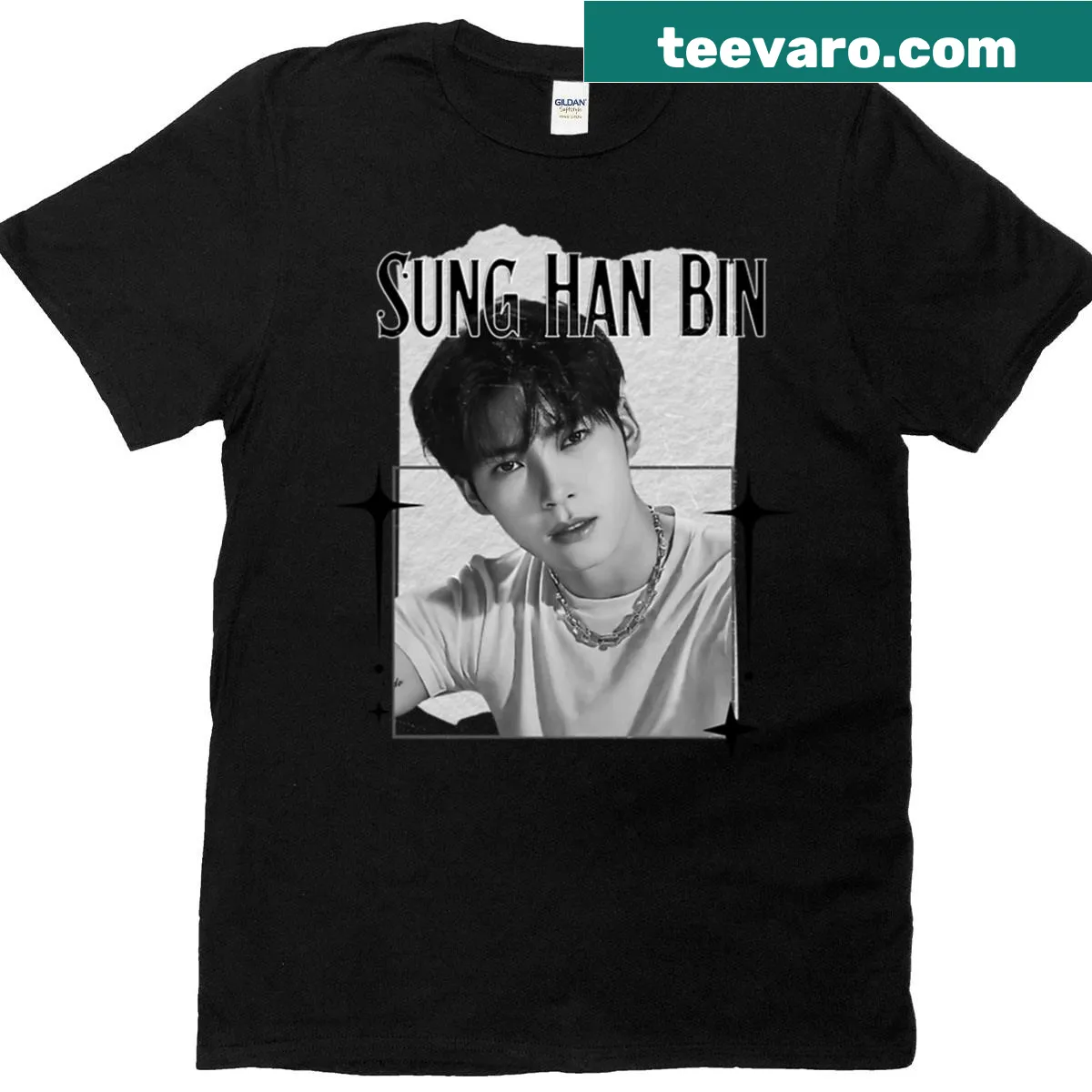 Scrapbook collage design featuring Sung Han Bin on a T-shirt — on a men's t-shirt