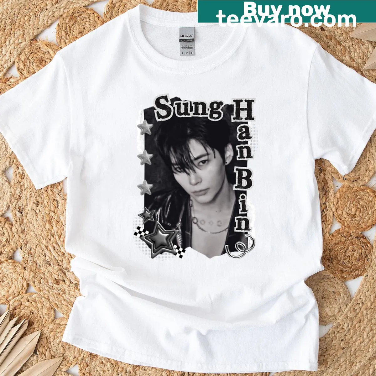 Minimalist t-shirt with black and white collage of Sung Han Bin. — on a men's t-shirt