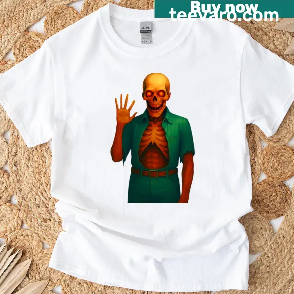 Cartoon zombie character waving hello on a humorous t-shirt