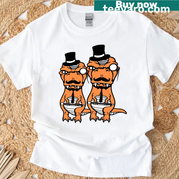Playful T-shirt featuring a T-rex in a top hat and monocle