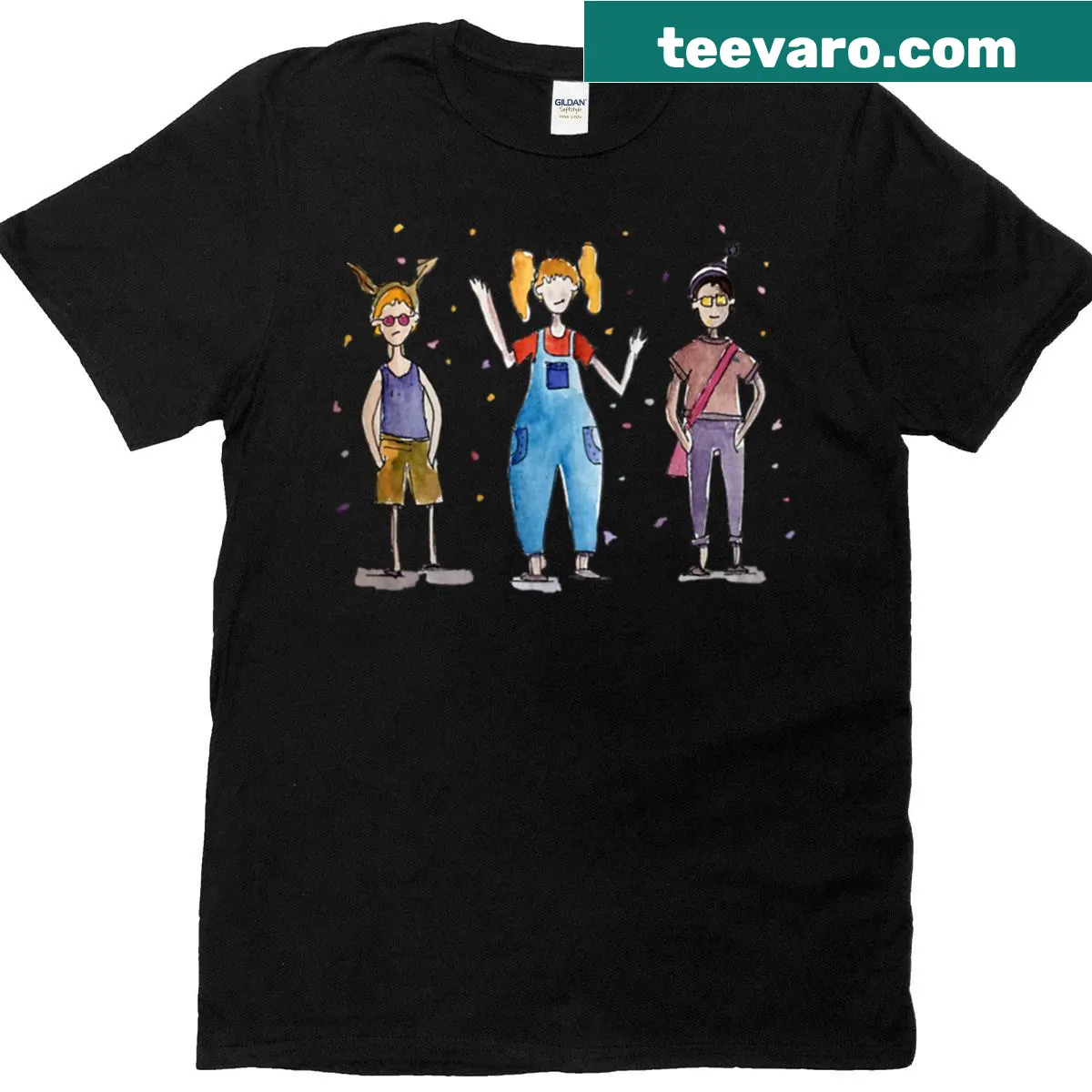 Cartoon design of three odd friends on oversized t-shirt — on a men's t-shirt