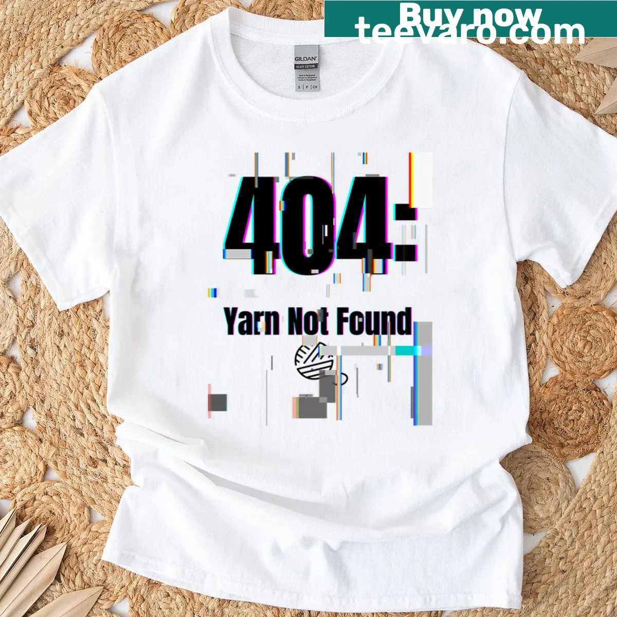 Funny t-shirt featuring a crochet-themed '404 Yarn Not Found' design — on a men's t-shirt