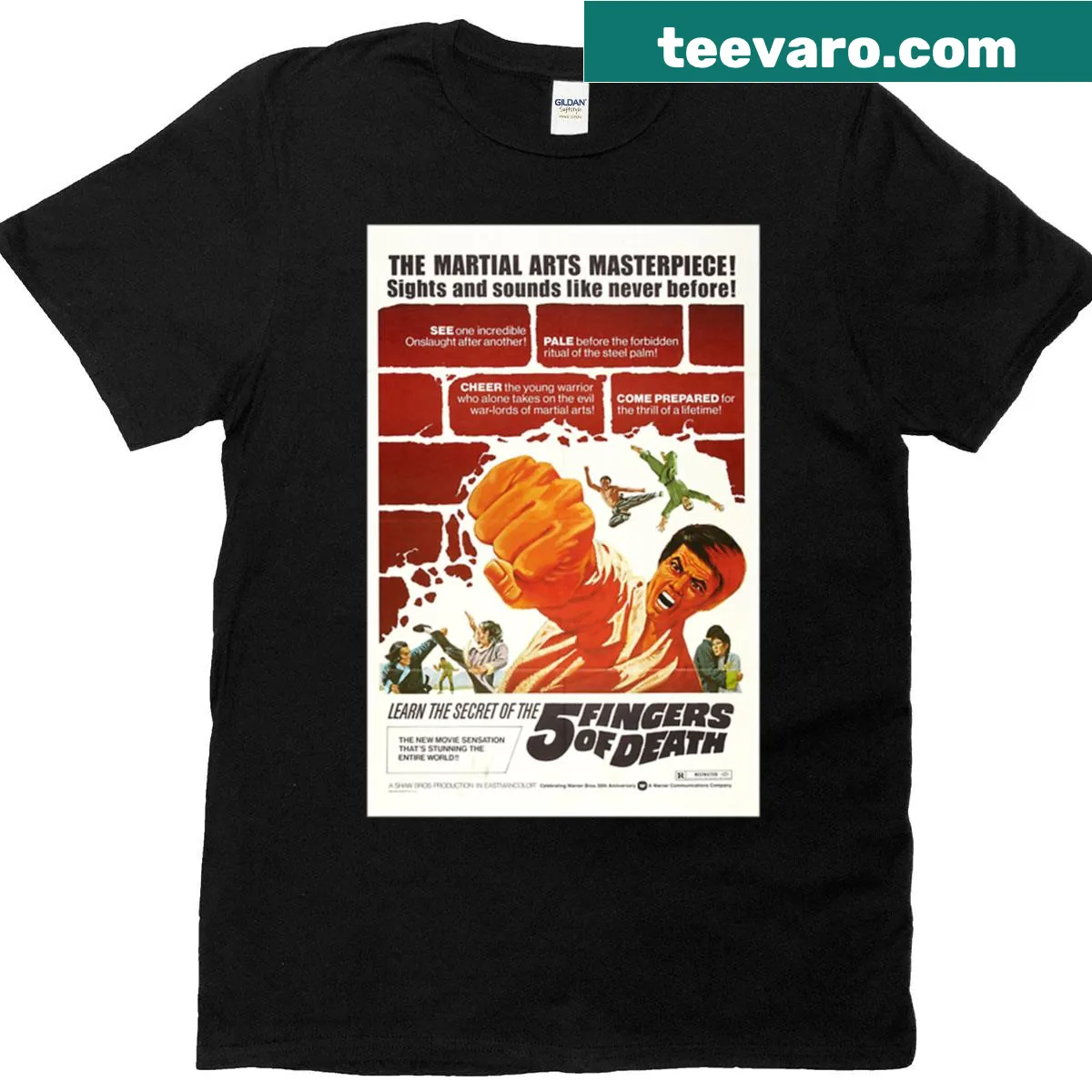 Vintage movie t-shirt featuring the 5 Fingers of Death graphic — on a men's t-shirt