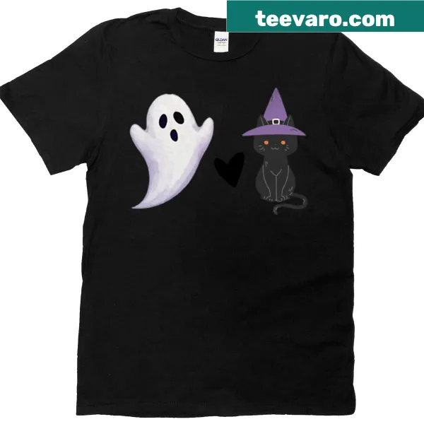 Oversized Halloween T-shirt featuring a friendly ghost and a black cat with a witch hat.
