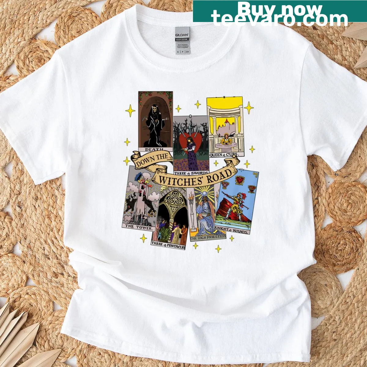 T-shirt featuring tarot card graphics inspired by Agatha — on a men's t-shirt