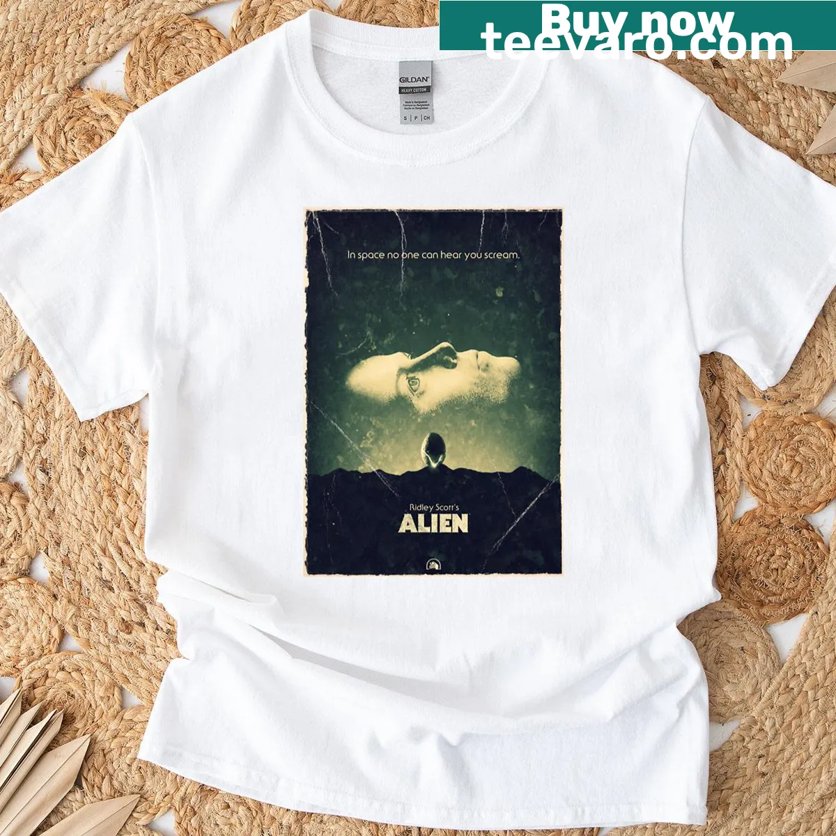 Alien movie poster graphic t-shirt — on a men's t-shirt