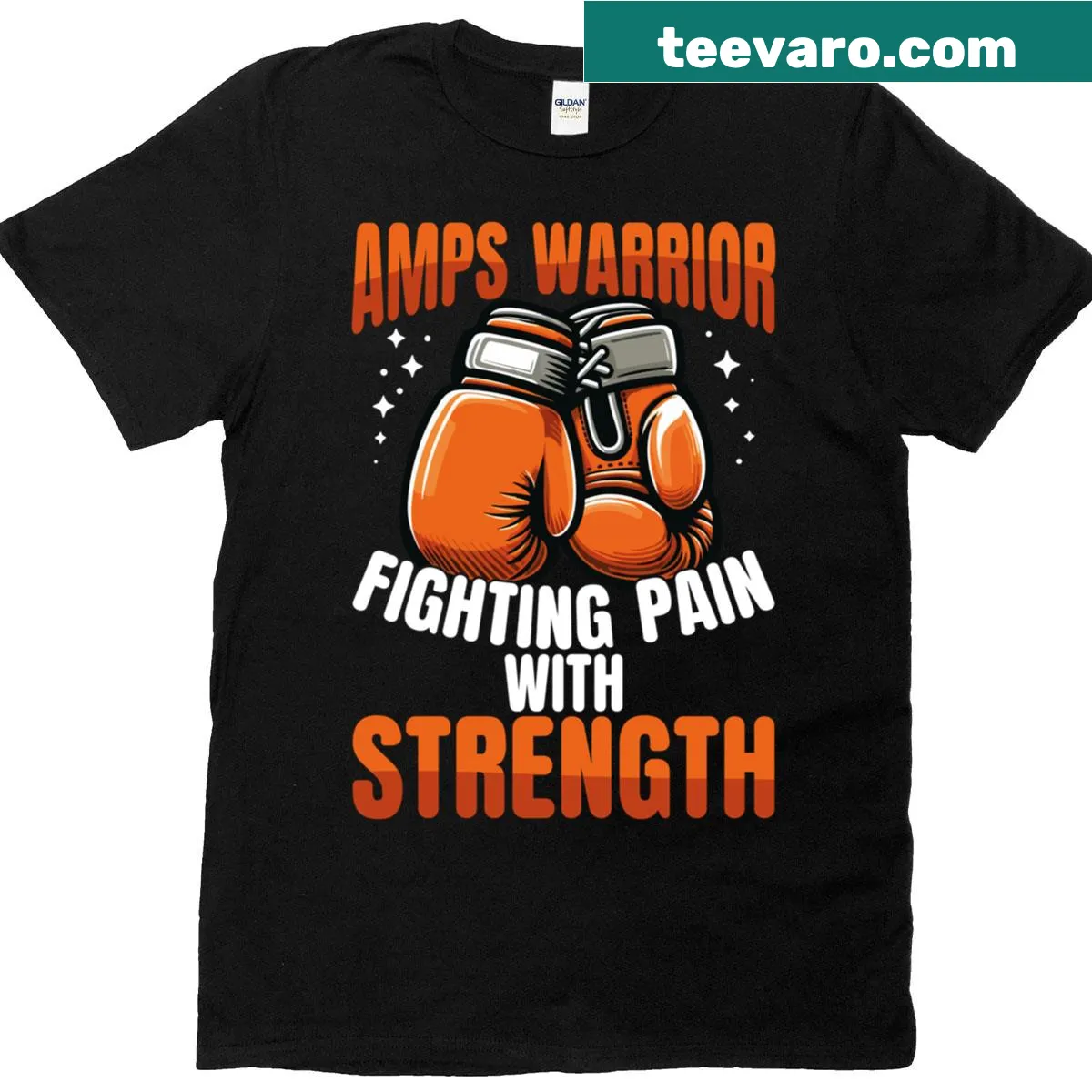 Illustration of a warrior with 'Fighting Pain With Strength' text — on a men's t-shirt
