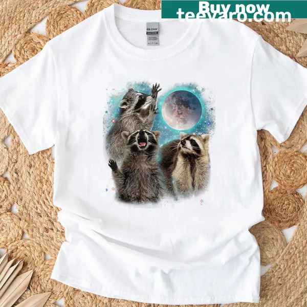 Funny T-shirt featuring a howling raccoon head and moon