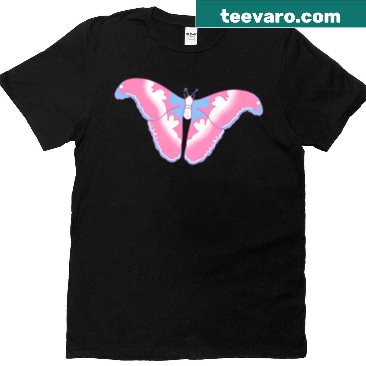 Trans pride t-shirt with Atlas Moth design — on a men's t-shirt