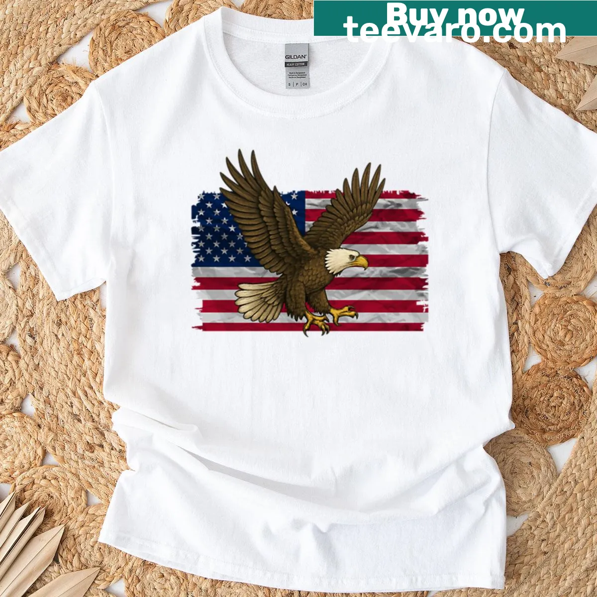 Oversized t-shirt with a bald eagle illustration and American flag — on a men's t-shirt