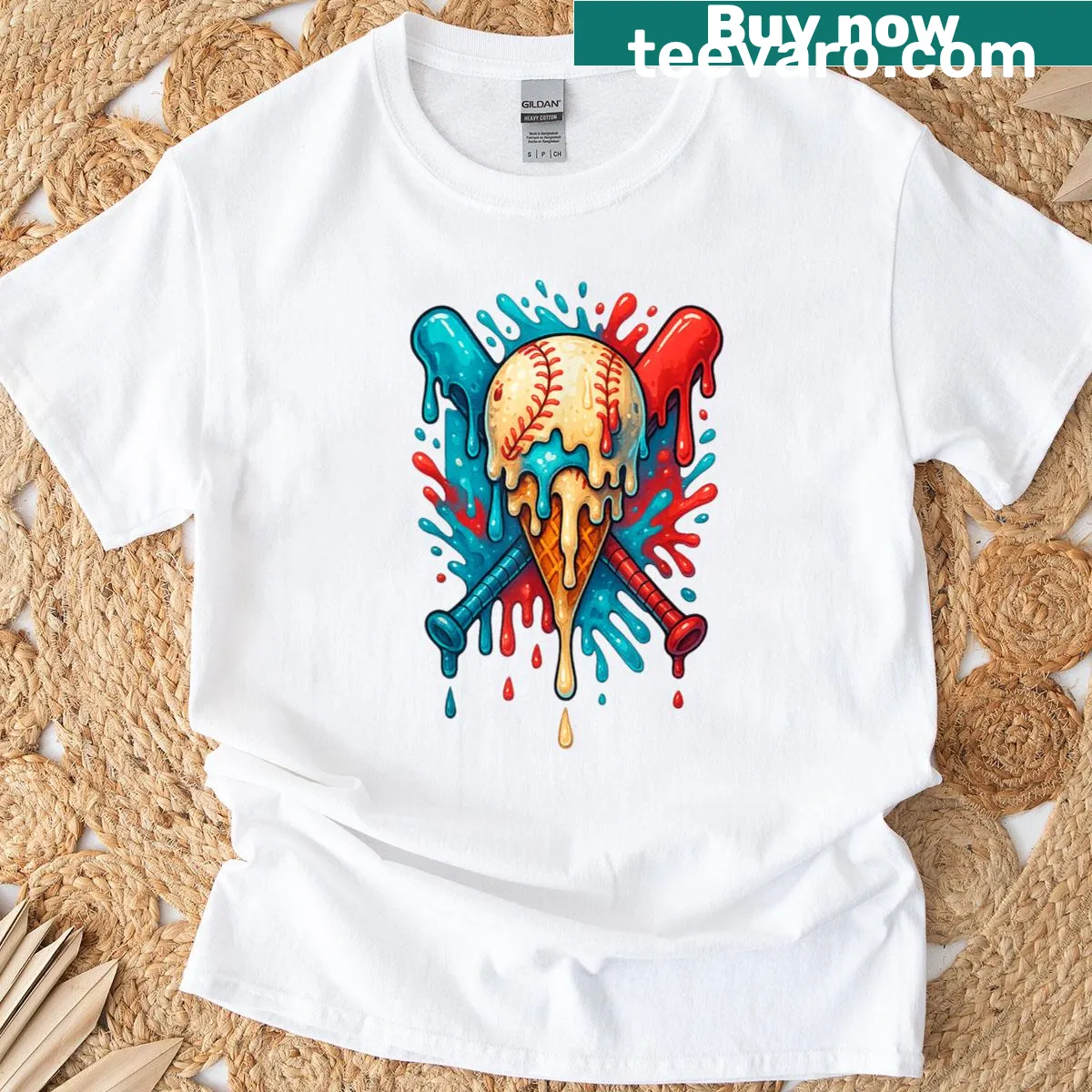 Youth baseball t-shirt with an illustration of a dripping ice cream baseball — on a men's t-shirt