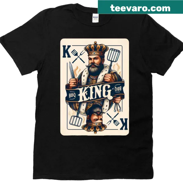 Funny BBQ King t-shirt featuring a grill master playing card design.