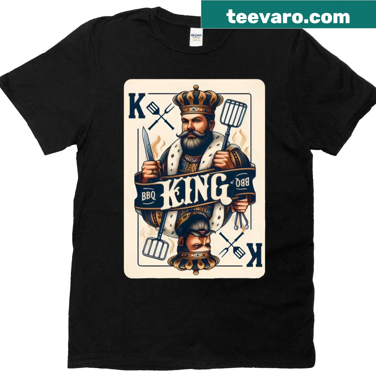 Funny BBQ King t-shirt featuring a grill master playing card design. — on a men's t-shirt