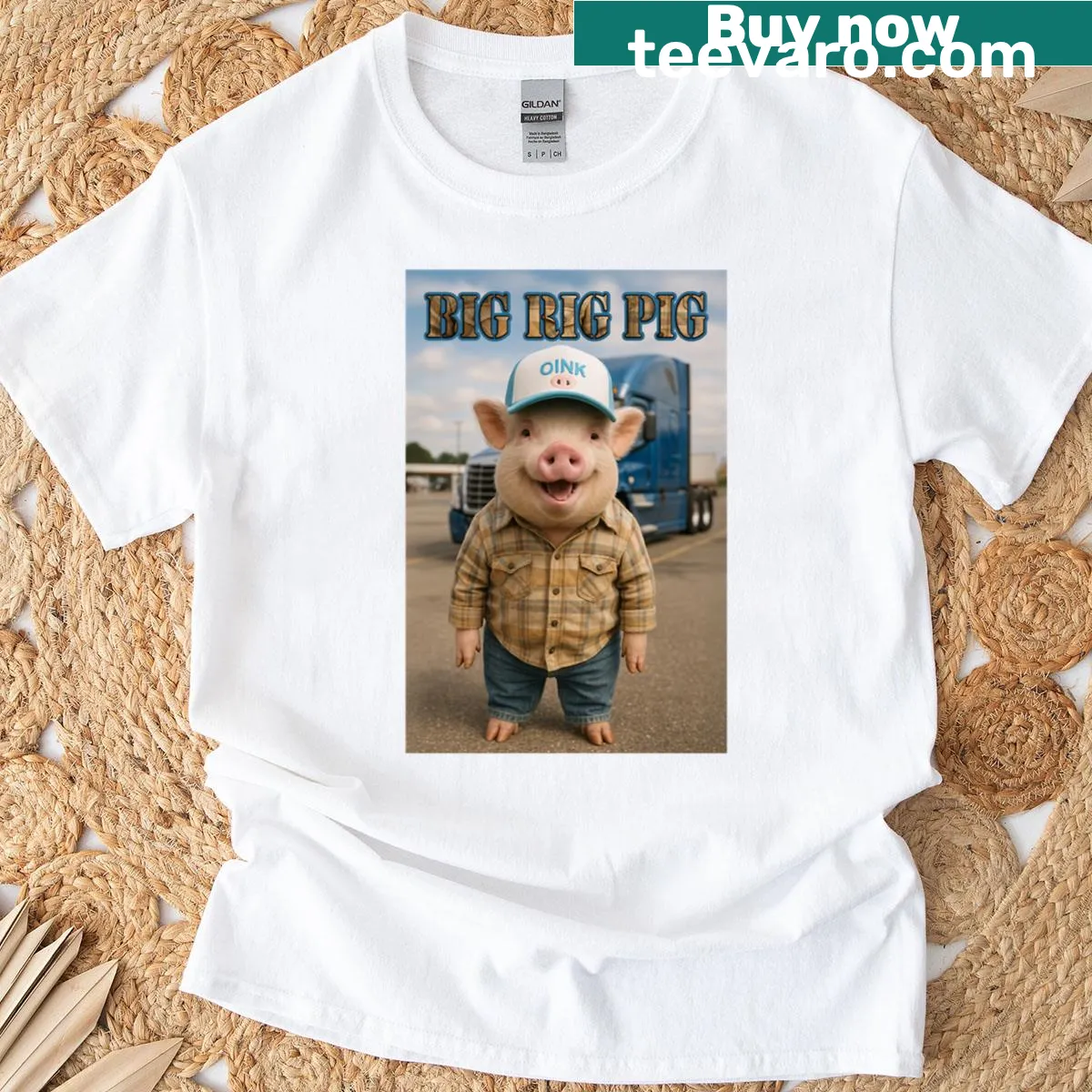 Funny t-shirt featuring a pig driving a big rig truck — on a men's t-shirt