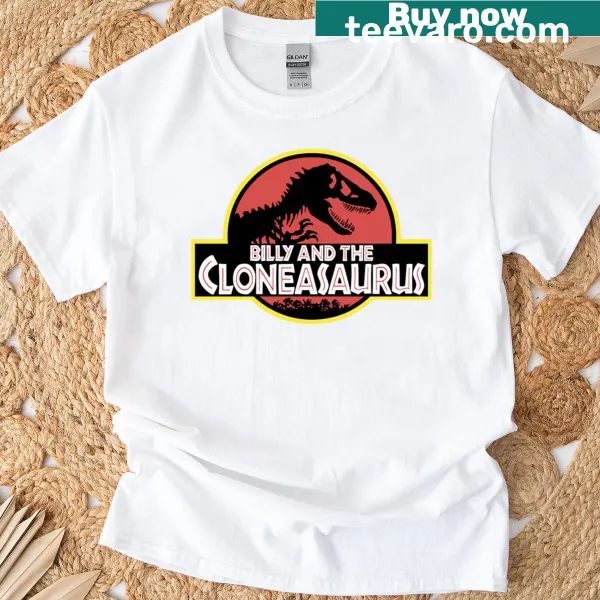 Funny Cloneasaurus T-shirt featuring a cartoon dinosaur illustration
