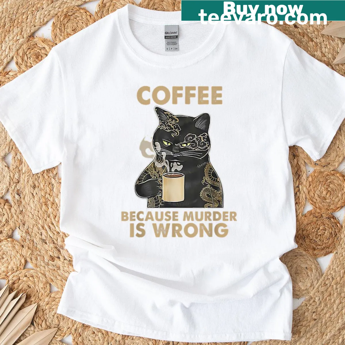 Funny vintage cat t-shirt with coffee theme — on a men's t-shirt