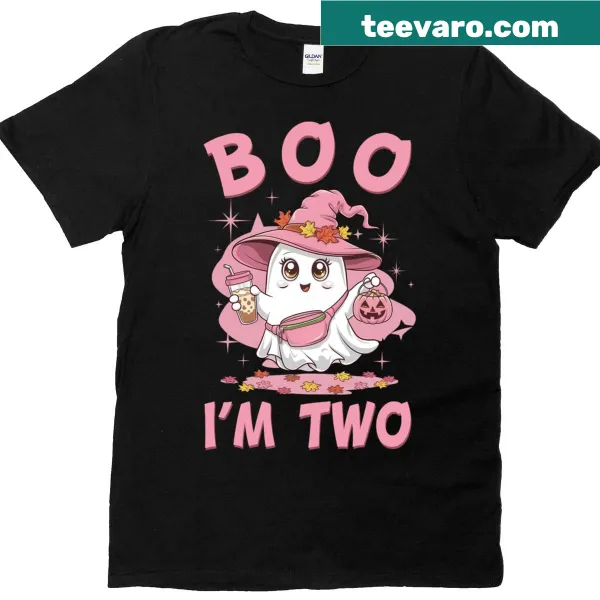 Cute ghost graphic with a pink bow and 'Boo I'm Two' text