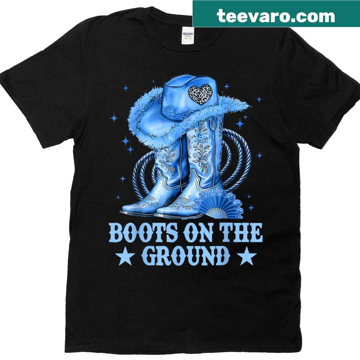 Western-themed T-shirt with cowboy hat and boots illustration — on a men's t-shirt