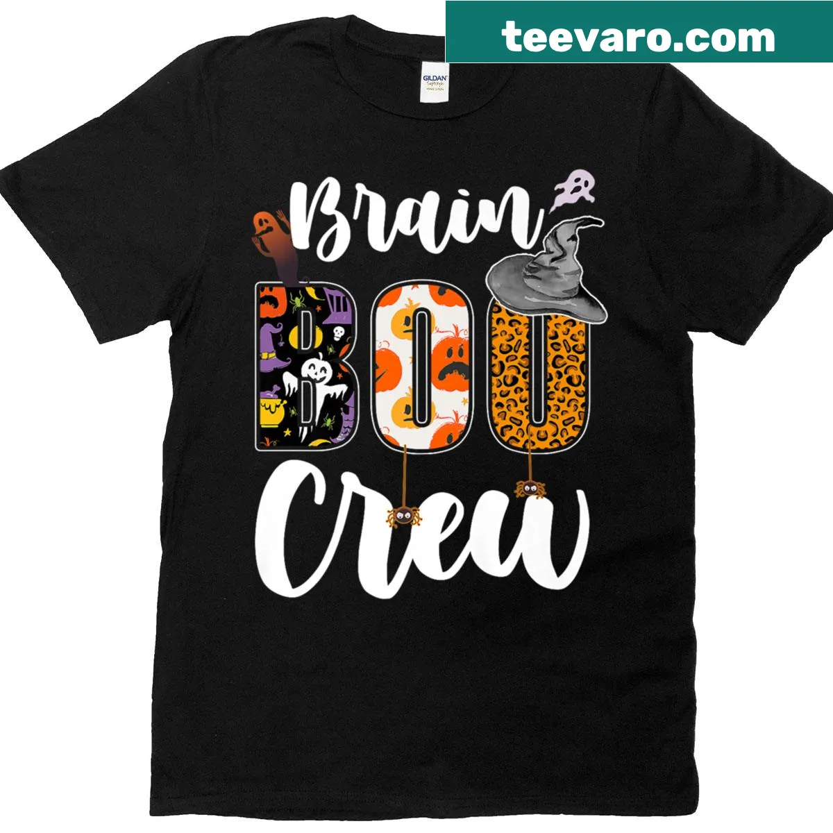 Halloween-themed T-shirt for neurologists with a brain and ghost design — on a men's t-shirt