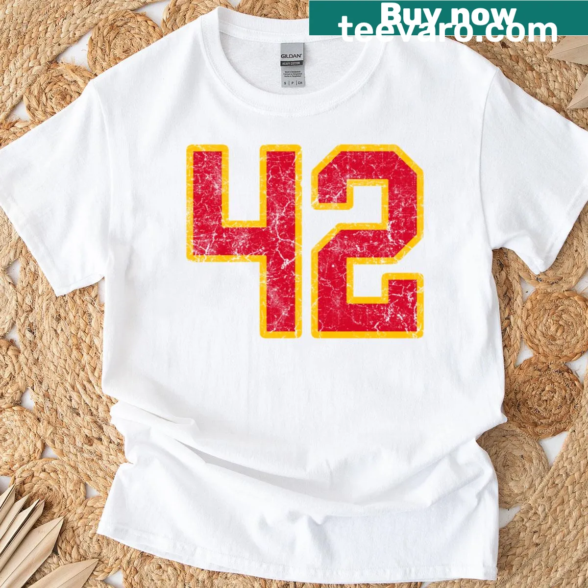 Vintage jersey style t-shirt with distressed number 42 — on a men's t-shirt