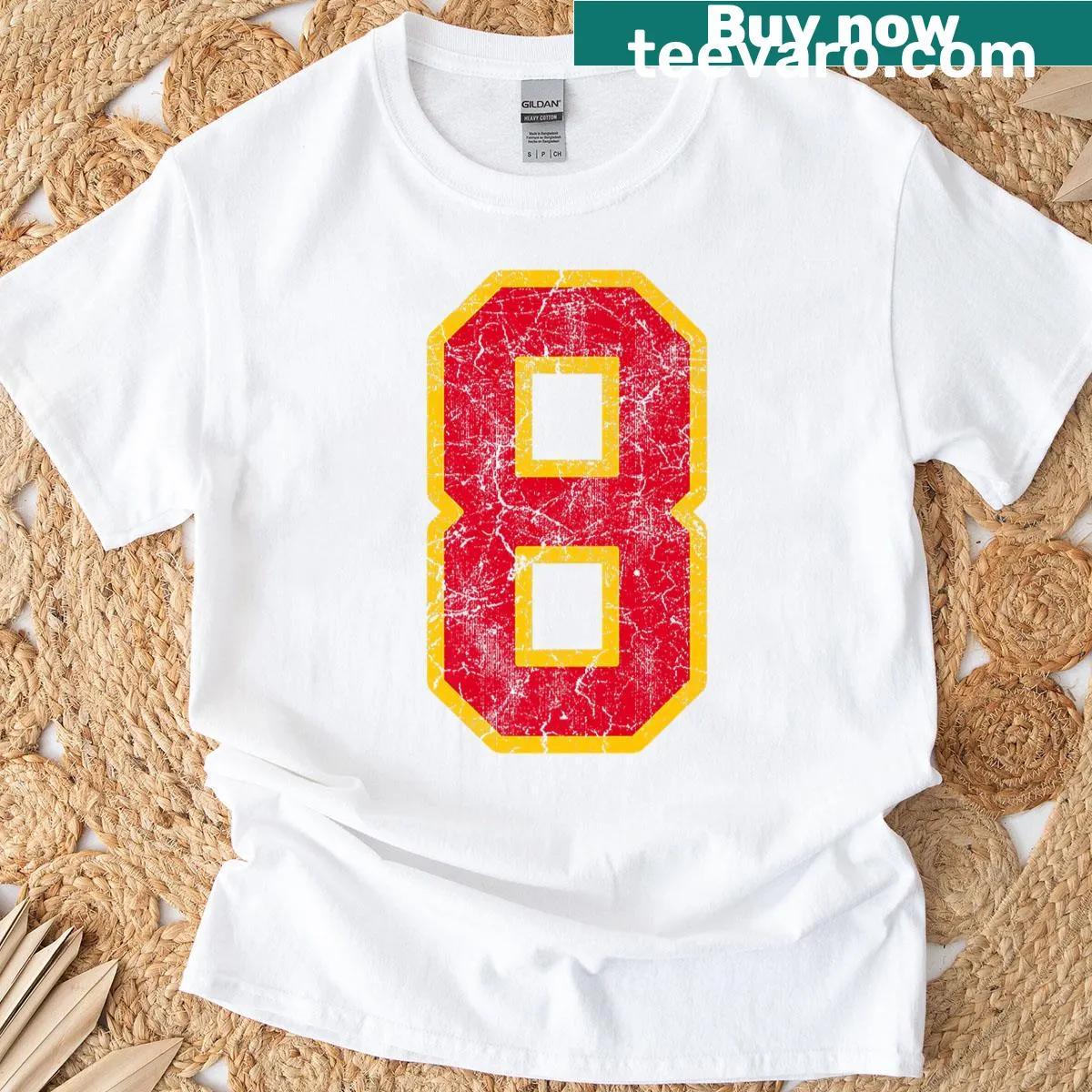 Vintage-inspired T-shirt featuring the number 8 in a jersey style — on a men's t-shirt