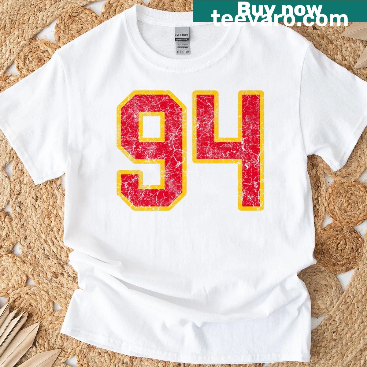 Retro jersey t-shirt with number 94 design — on a men's t-shirt