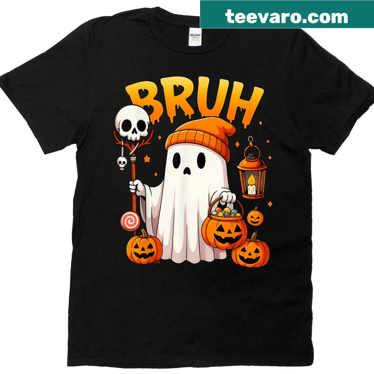 Cute Halloween shirt with a ghost and trick-or-treat theme — on a men's t-shirt