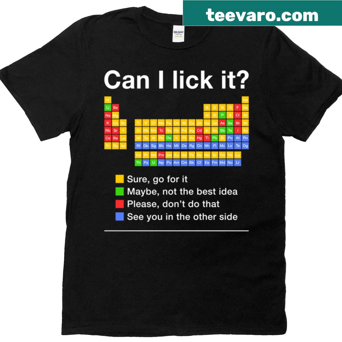 Humorous 'Can I Lick It?' text with periodic table theme — on a men's t-shirt