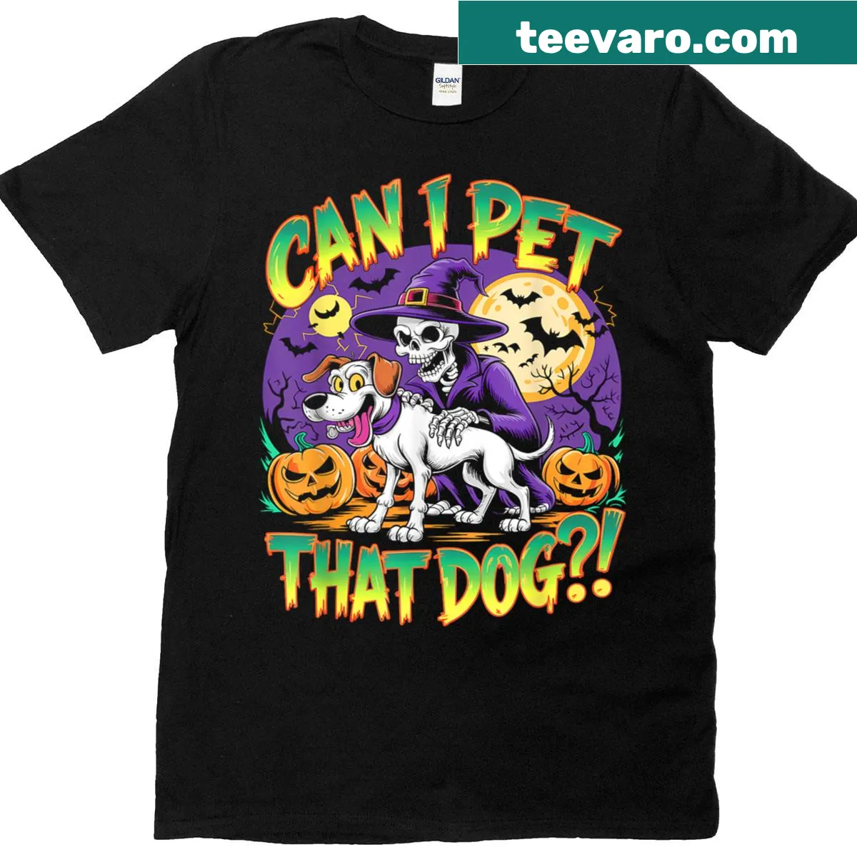 Funny skeleton with 'Can I Pet That Dog?' text — on a men's t-shirt