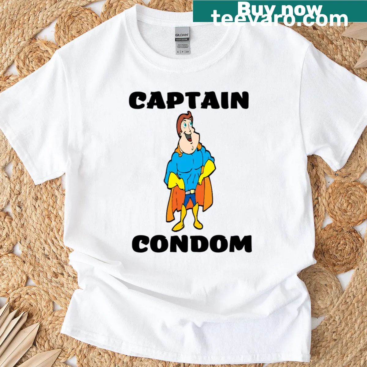 Oversized T-shirt featuring Captain Condom character illustration — on a men's t-shirt