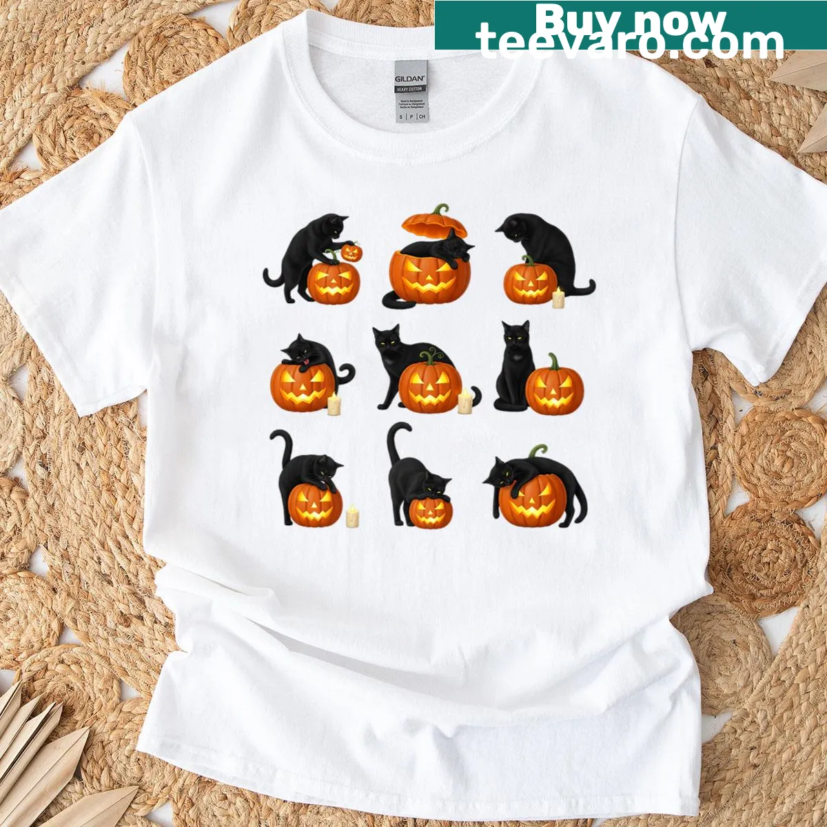 Halloween T-shirt featuring a cute cat inside a pumpkin — on a men's t-shirt