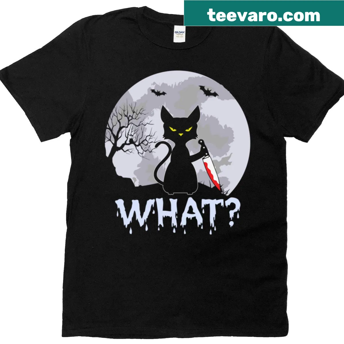 Funny Halloween tee with a black cat and 'Cat What?' text — on a men's t-shirt