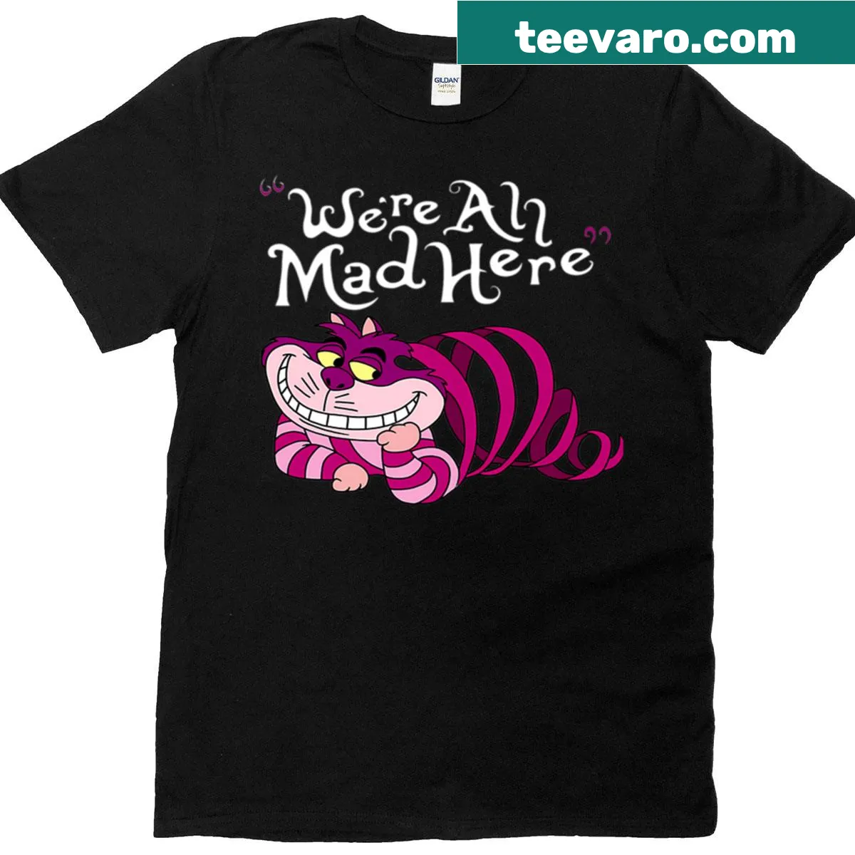 T-shirt with Cheshire Cat graphic and 'We're All Mad Here' text — on a men's t-shirt