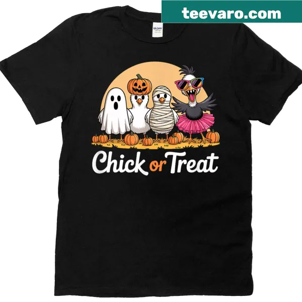 Halloween-themed T-shirt with a chicken ghost and pumpkins