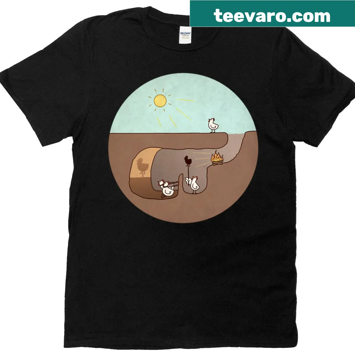 Chickens themed design referencing 'Allegory of the Cave' — on a men's t-shirt