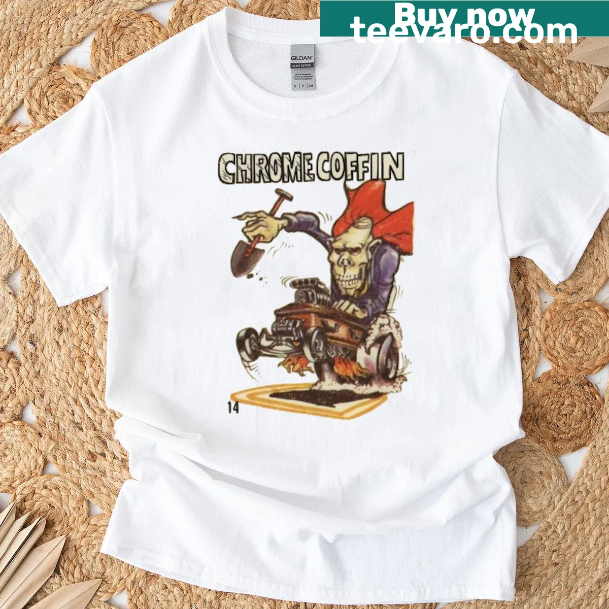 Retro T-shirt featuring a chrome coffin hot rod design — on a men's t-shirt