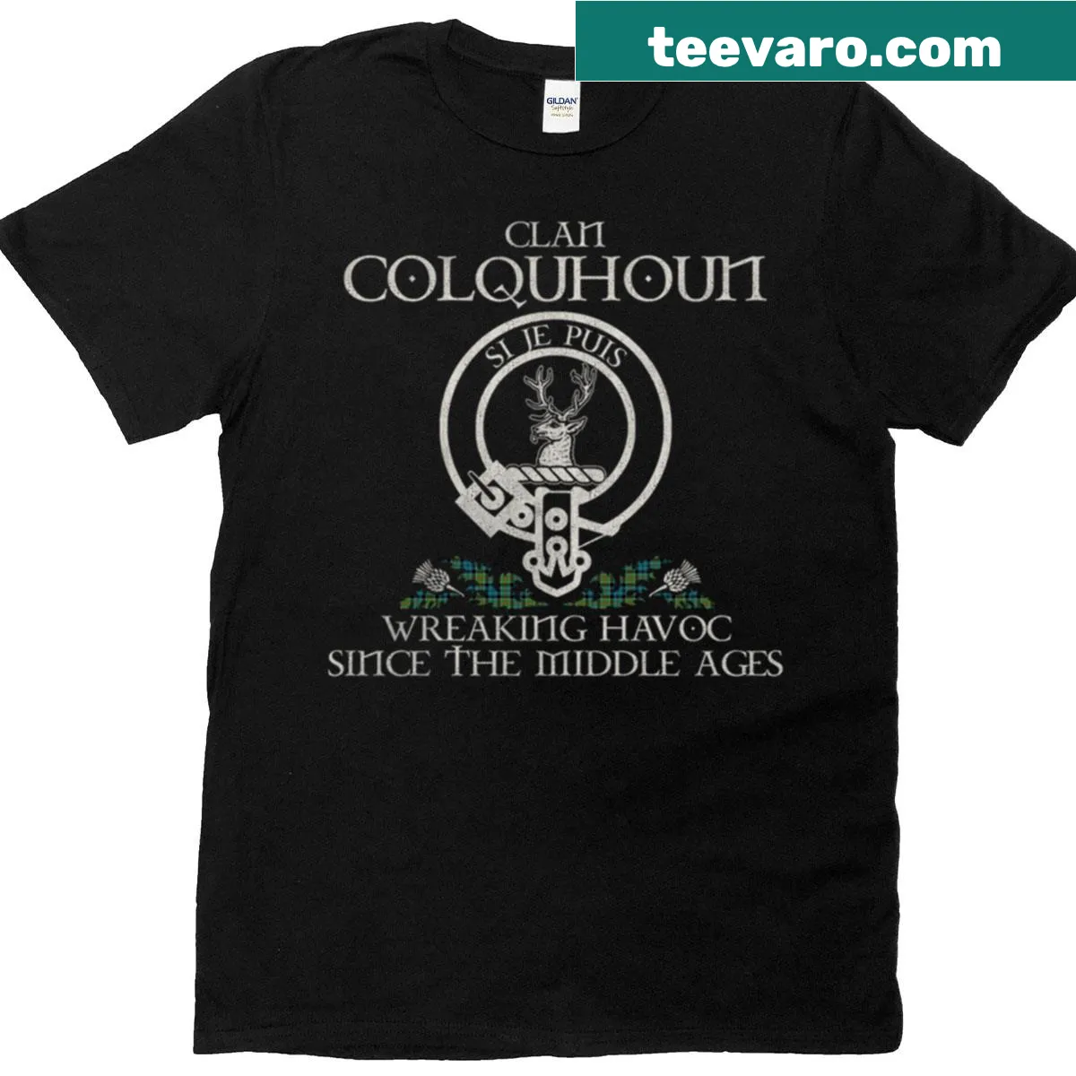Vintage T-shirt with Clan Colquhoun crest and tartan thistle design — on a men's t-shirt