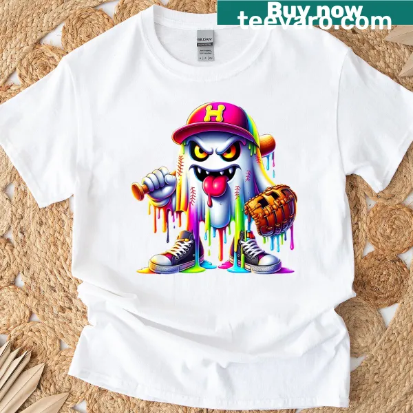 Cartoon ghost dripping with ice cream on a Halloween-themed T-shirt