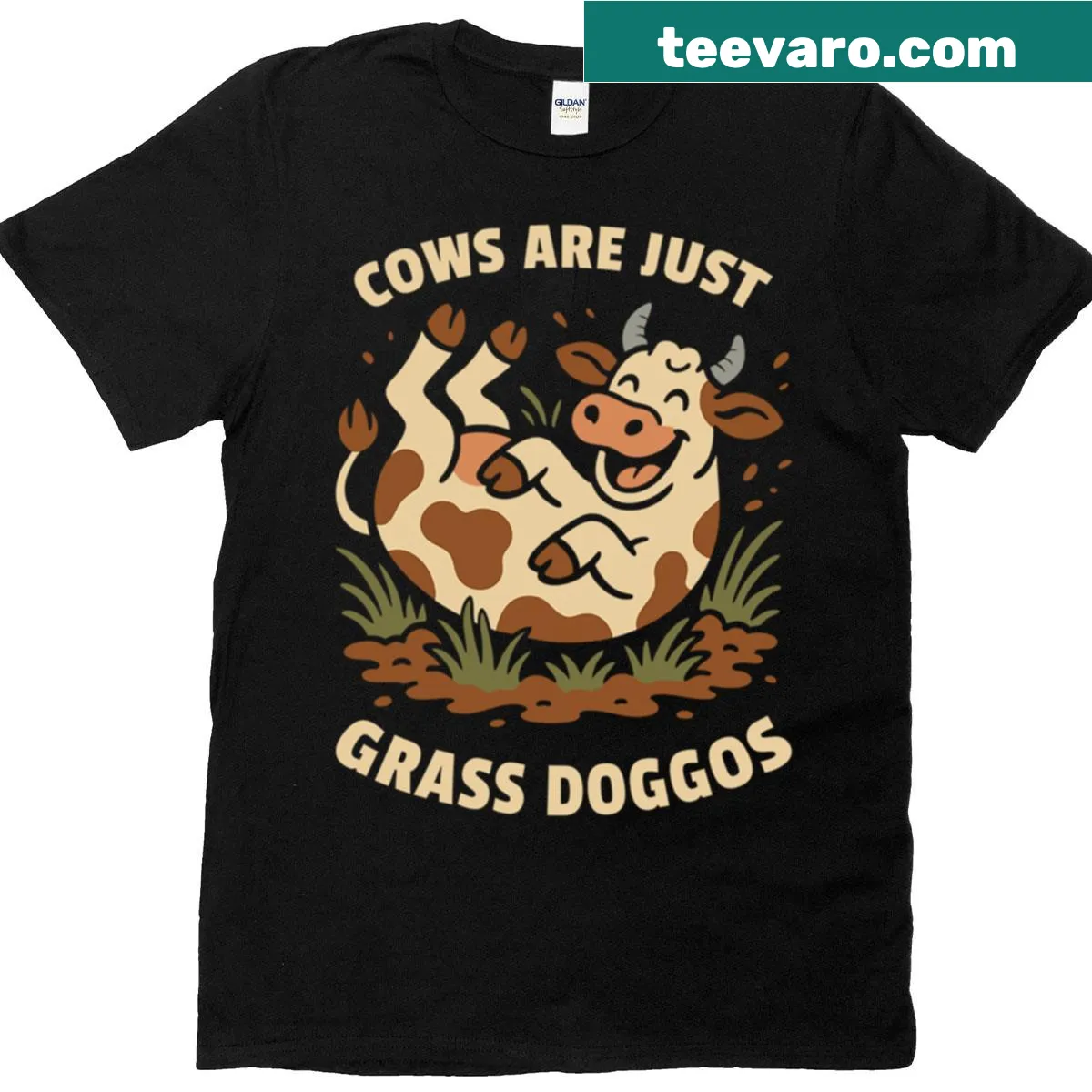 Whimsical shirt design comparing cows to dogs for animal lovers — on a men's t-shirt